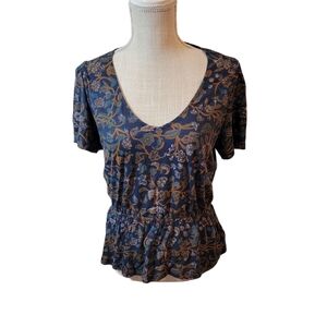 Lucky Brand Navy Floral V-Neck Short Sleeve Peplum Waist Blouse Size M